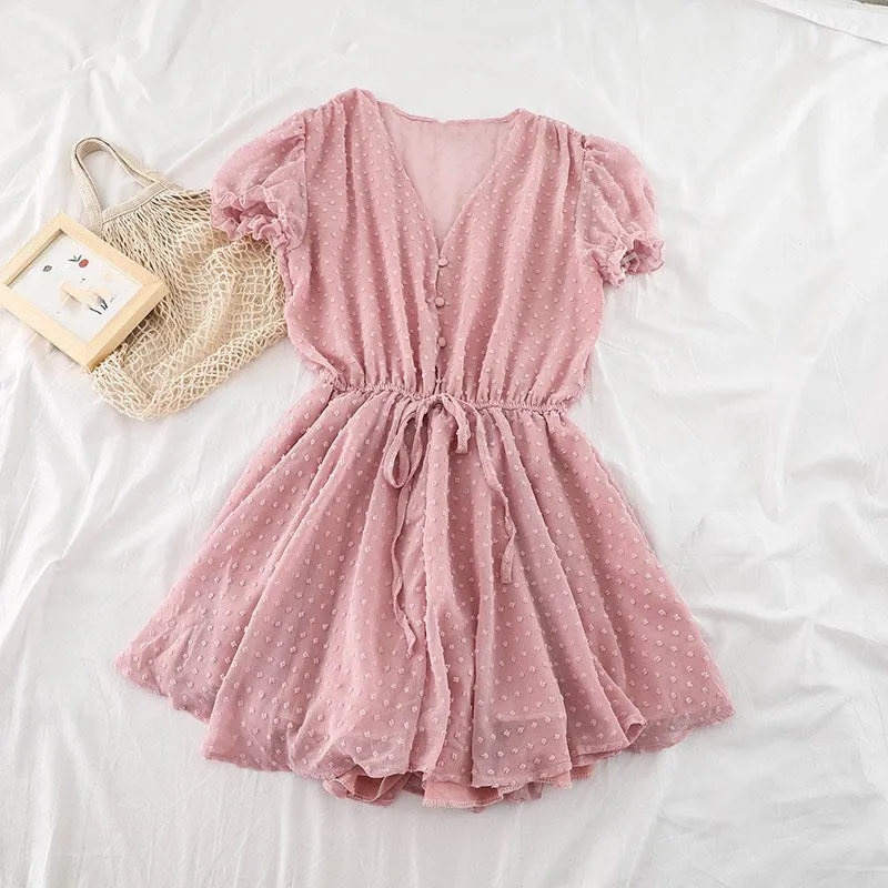 Women V Neck Polka Dot Chiffon Wide Leg Short Rompers Short Sleeves Korean Beach Overalls Loose Casual Summer Wide Leg Playsuits