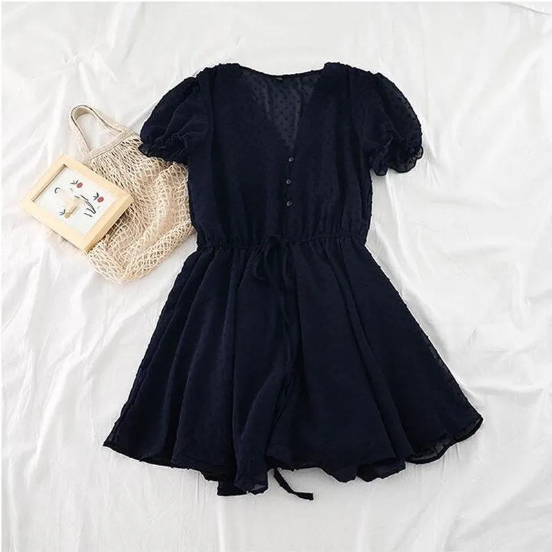 Women V Neck Polka Dot Chiffon Wide Leg Short Rompers Short Sleeves Korean Beach Overalls Loose Casual Summer Wide Leg Playsuits