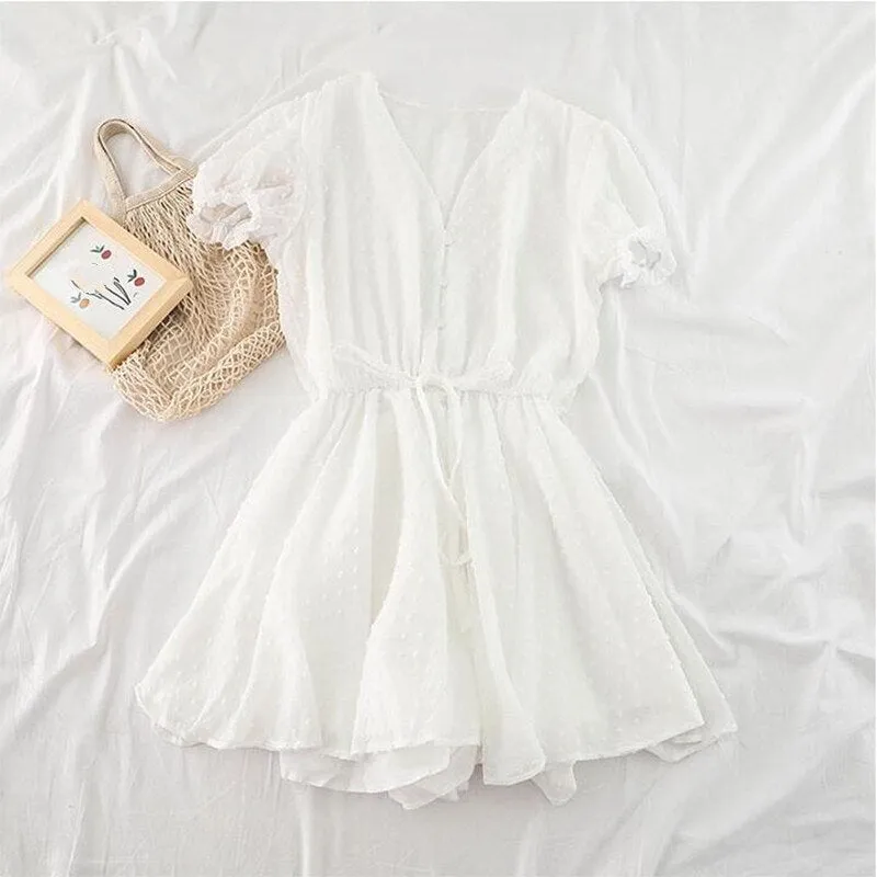 Women V Neck Polka Dot Chiffon Wide Leg Short Rompers Short Sleeves Korean Beach Overalls Loose Casual Summer Wide Leg Playsuits