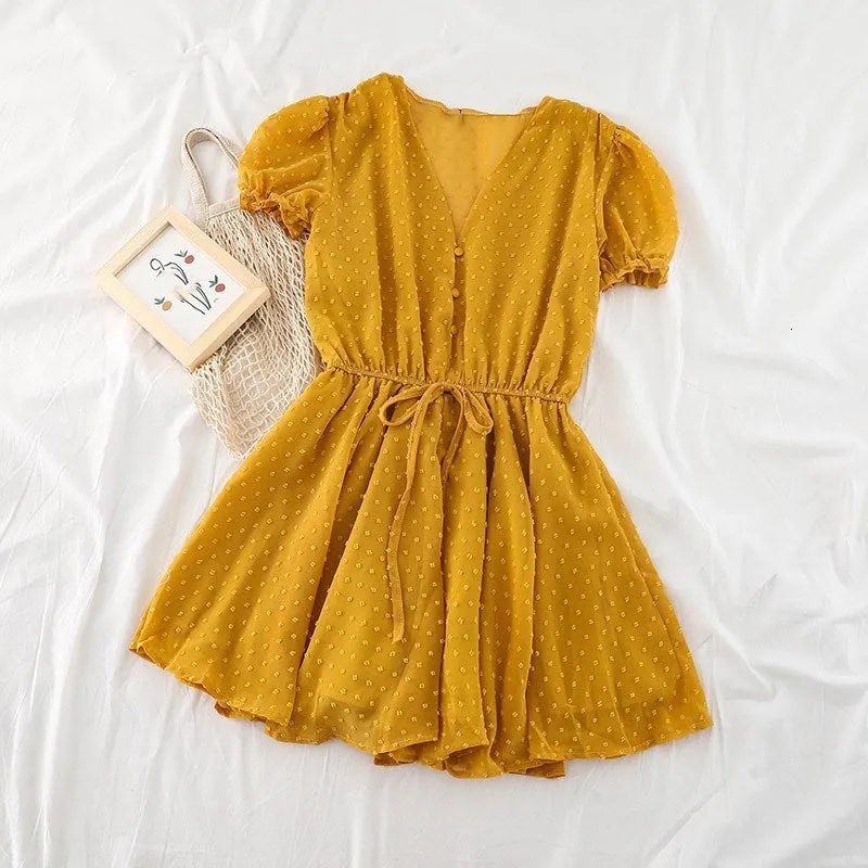 Women V Neck Polka Dot Chiffon Wide Leg Short Rompers Short Sleeves Korean Beach Overalls Loose Casual Summer Wide Leg Playsuits