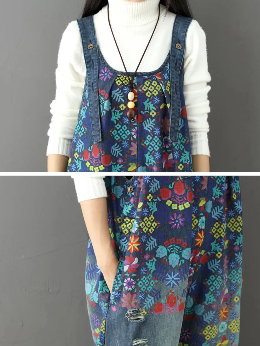 Women Vintage Floral Frayed Pocket Straight-leg Denim Jumpsuits