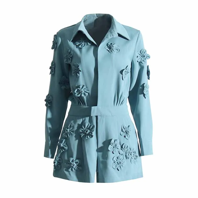 Women's blue patchwork floral jumpsuit shorts suit