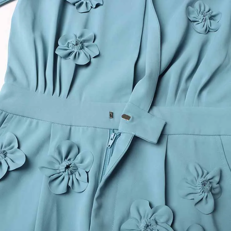 Women's blue patchwork floral jumpsuit shorts suit