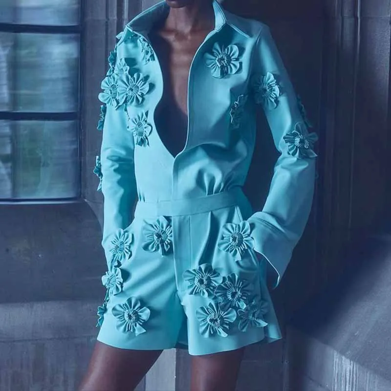 Women's blue patchwork floral jumpsuit shorts suit