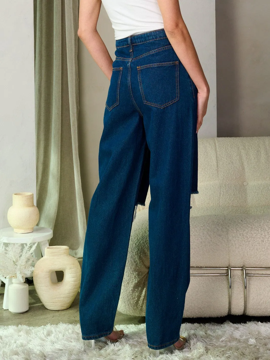 WOMEN'S BUTTON CLOSURE DISTRESS WIDE LEG DENIM PANTS