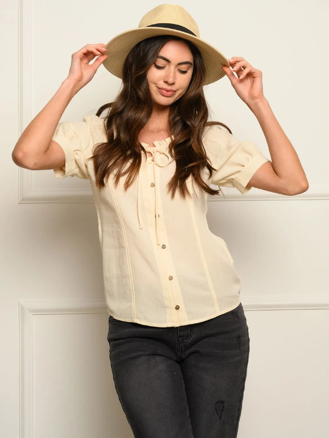 WOMEN'S BUTTONS DETAIL SHORT SLEEVE TOP
