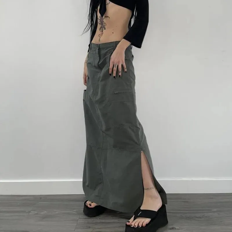 Women's Cargo Long Skirts with Slit Y2K Low Waist Maxi Skirt Retro Grunge Fashion