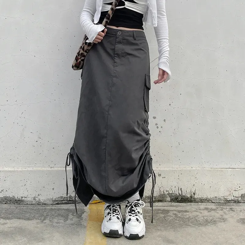 Women's Cargo Long Skirts with Slit Y2K Low Waist Maxi Skirt Retro Grunge Fashion