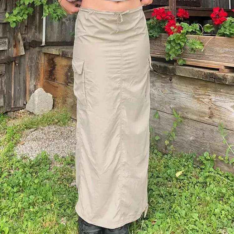 Women's Cargo Long Skirts with Slit Y2K Low Waist Maxi Skirt Retro Grunge Fashion