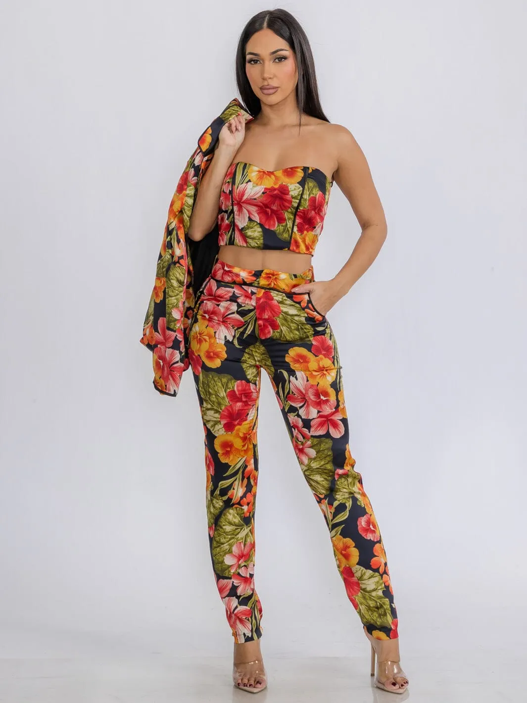 WOMEN'S CROP TOP WITH BLAZER & PANTS FLORAL 3PC. SET