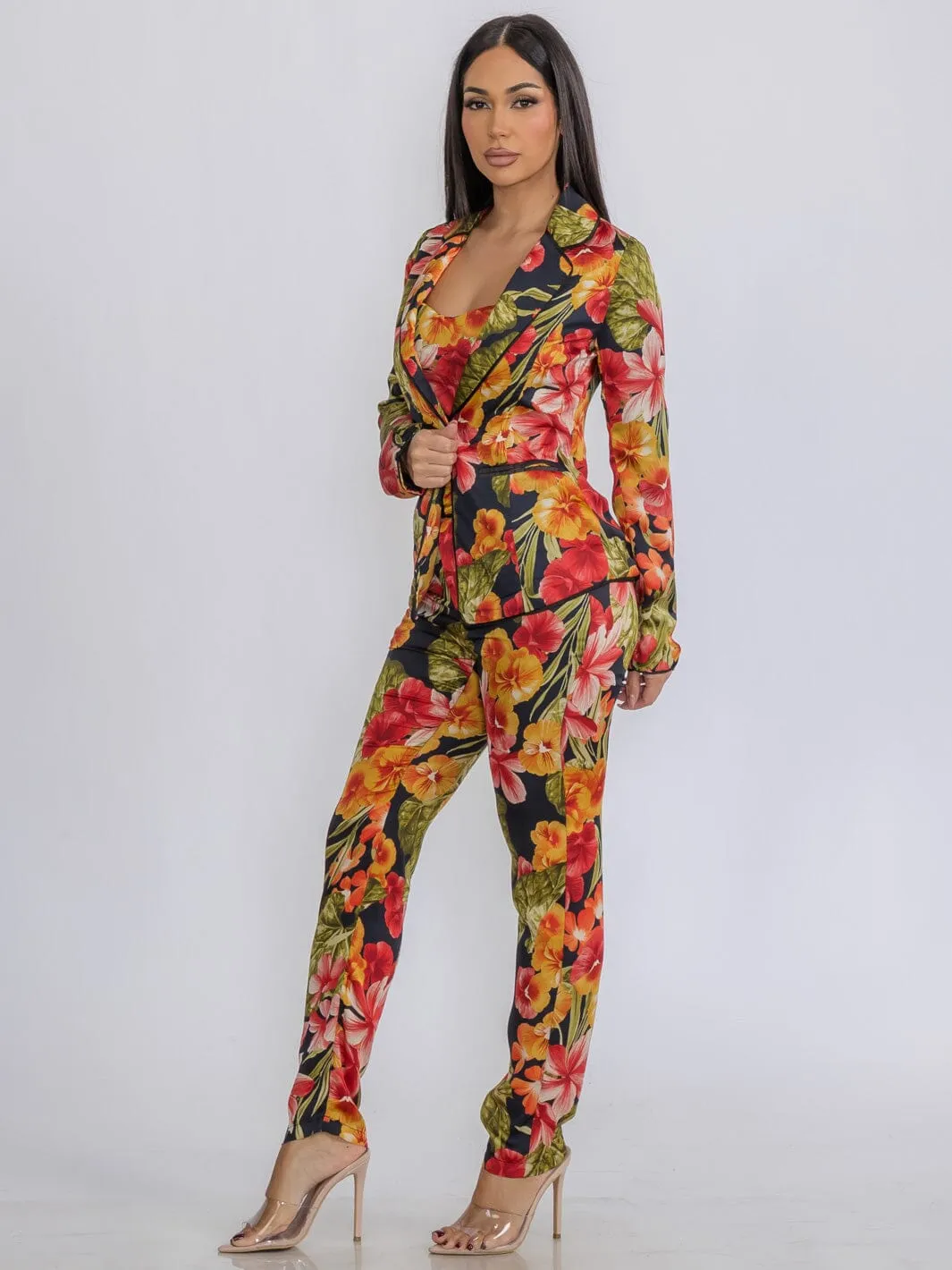 WOMEN'S CROP TOP WITH BLAZER & PANTS FLORAL 3PC. SET