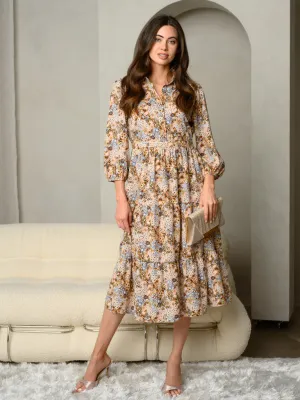 WOMEN'S DITSY FLORAL PRINT COLLAR BUTTON UP TIERED MAXI DRESS