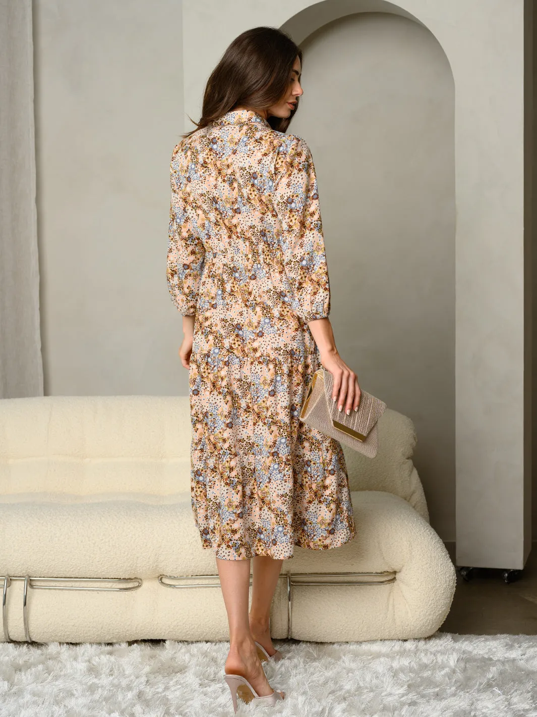 WOMEN'S DITSY FLORAL PRINT COLLAR BUTTON UP TIERED MAXI DRESS