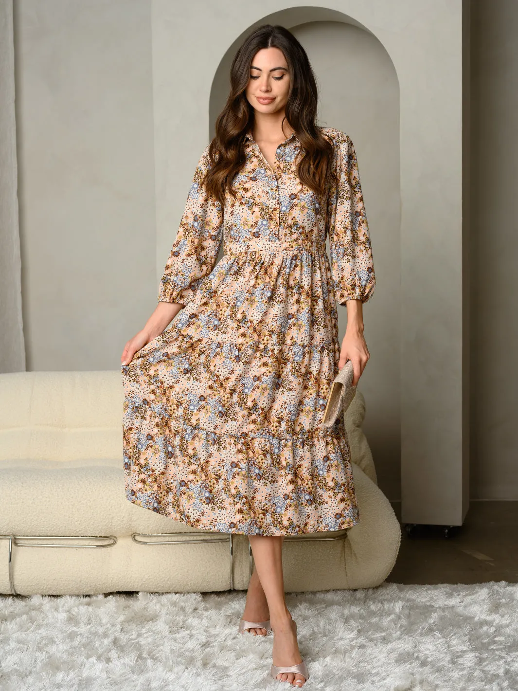 WOMEN'S DITSY FLORAL PRINT COLLAR BUTTON UP TIERED MAXI DRESS
