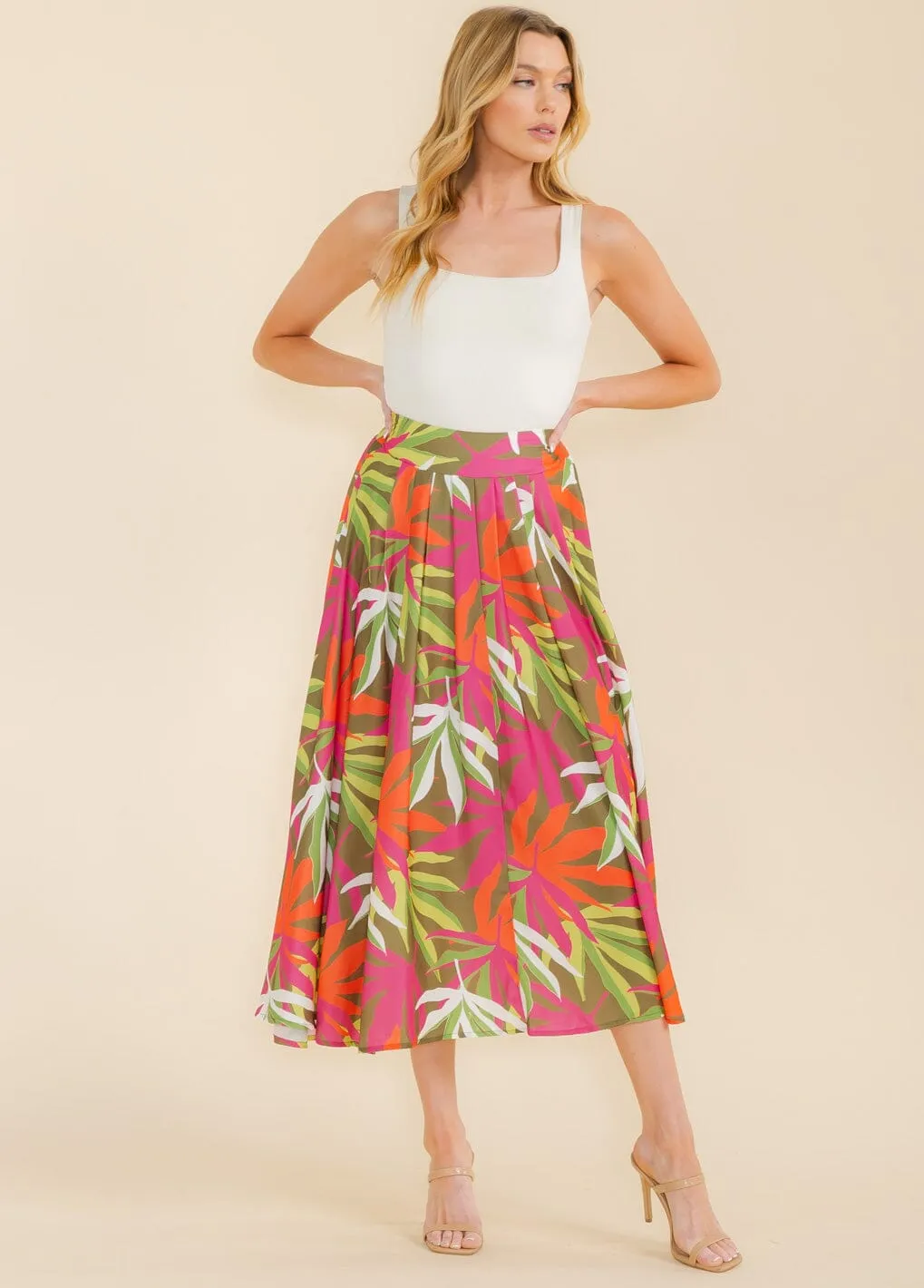 WOMEN'S ELASTIC WAIST LEAF PRINT MAXI SKIRT