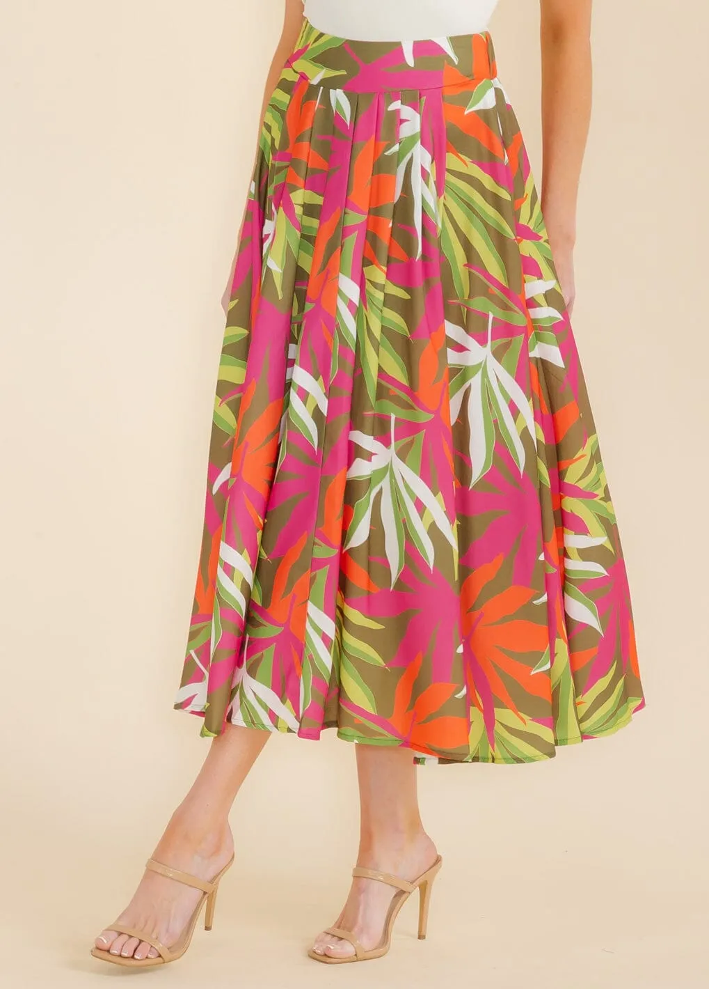WOMEN'S ELASTIC WAIST LEAF PRINT MAXI SKIRT