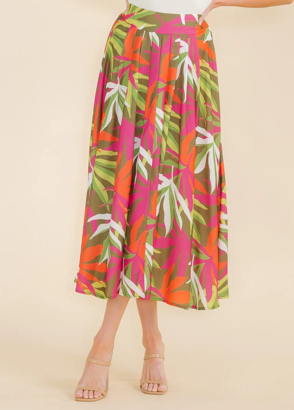 WOMEN'S ELASTIC WAIST LEAF PRINT MAXI SKIRT