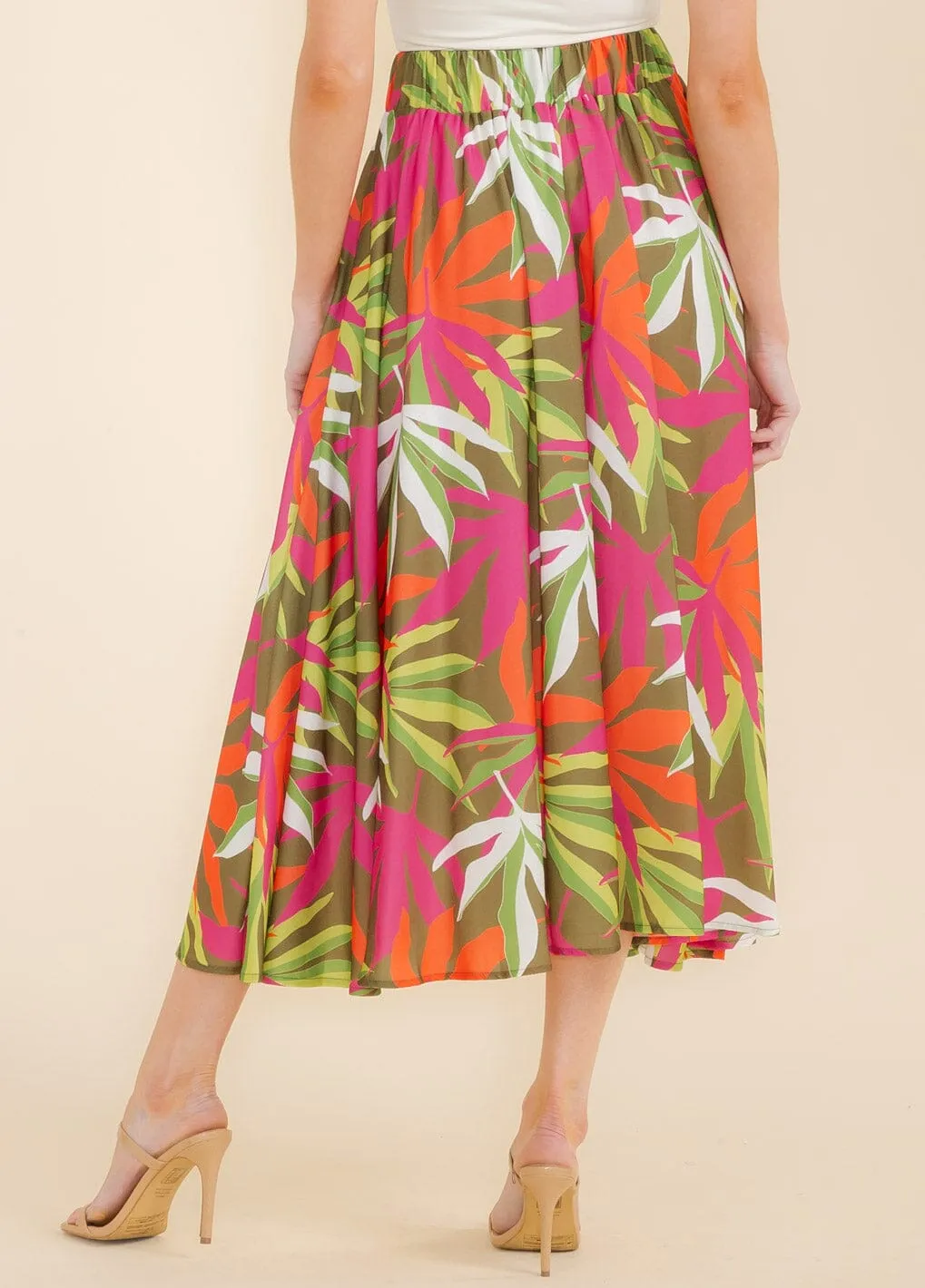 WOMEN'S ELASTIC WAIST LEAF PRINT MAXI SKIRT