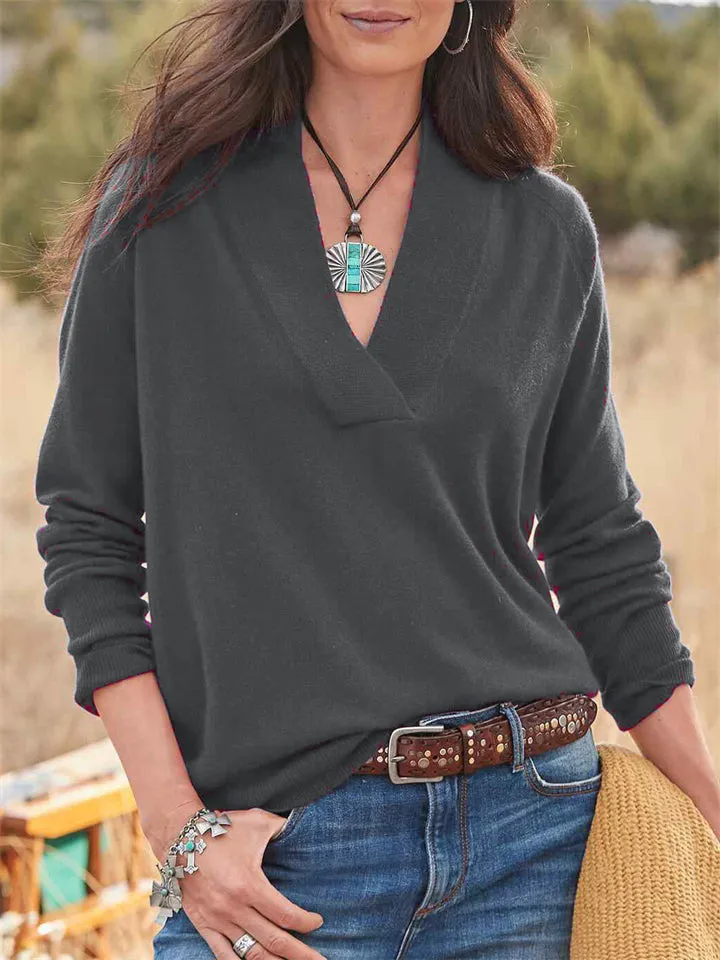 Women's Fashion V Neck Pure Color Extra Loose Pullover Tops