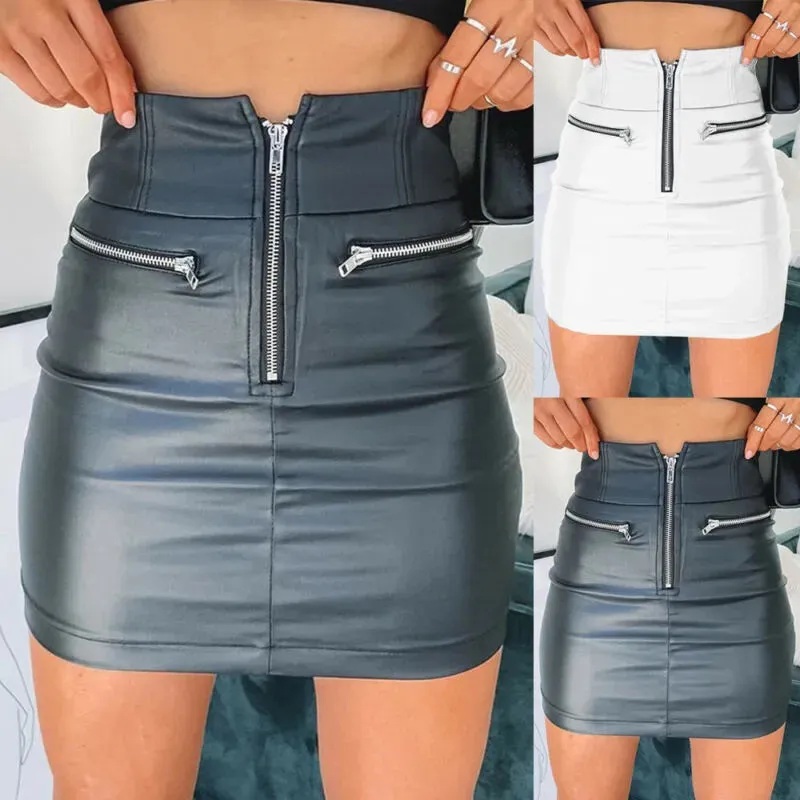 Women's Faux Leather Front Zipper Mini Skirt High Waist Pencil Party Club Wear Fashion Bodycon Mini Skirt