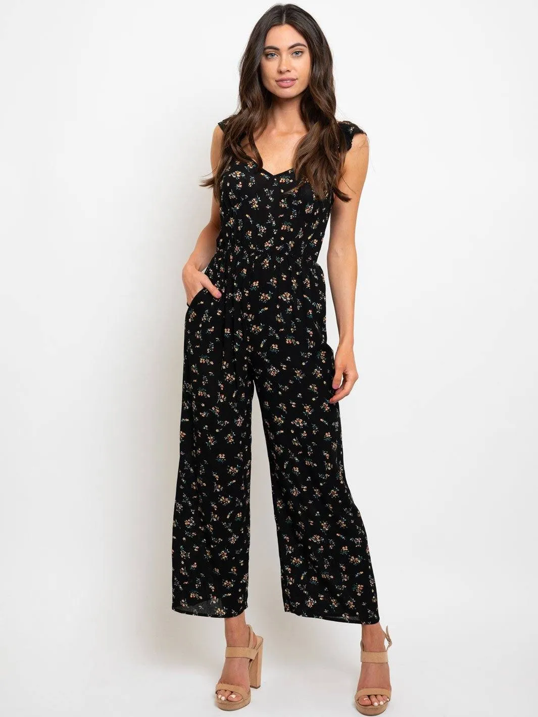 WOMEN'S FLORAL RUFFLE DETAIL JUMPSUIT
