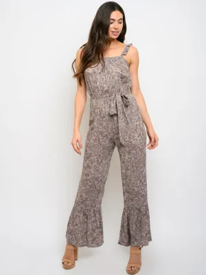 WOMEN'S FLORAL SELF TIE BELL LEGS JUMPSUIT