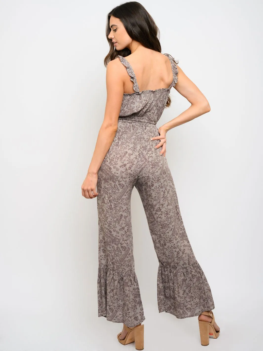 WOMEN'S FLORAL SELF TIE BELL LEGS JUMPSUIT