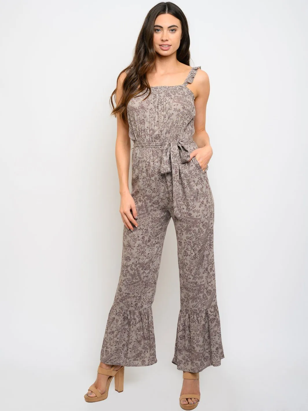 WOMEN'S FLORAL SELF TIE BELL LEGS JUMPSUIT