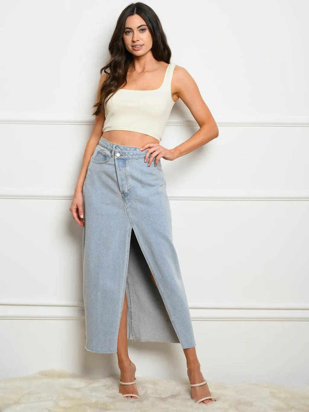 WOMEN'S FRONT SLIT DENIM MAXI SKIRT