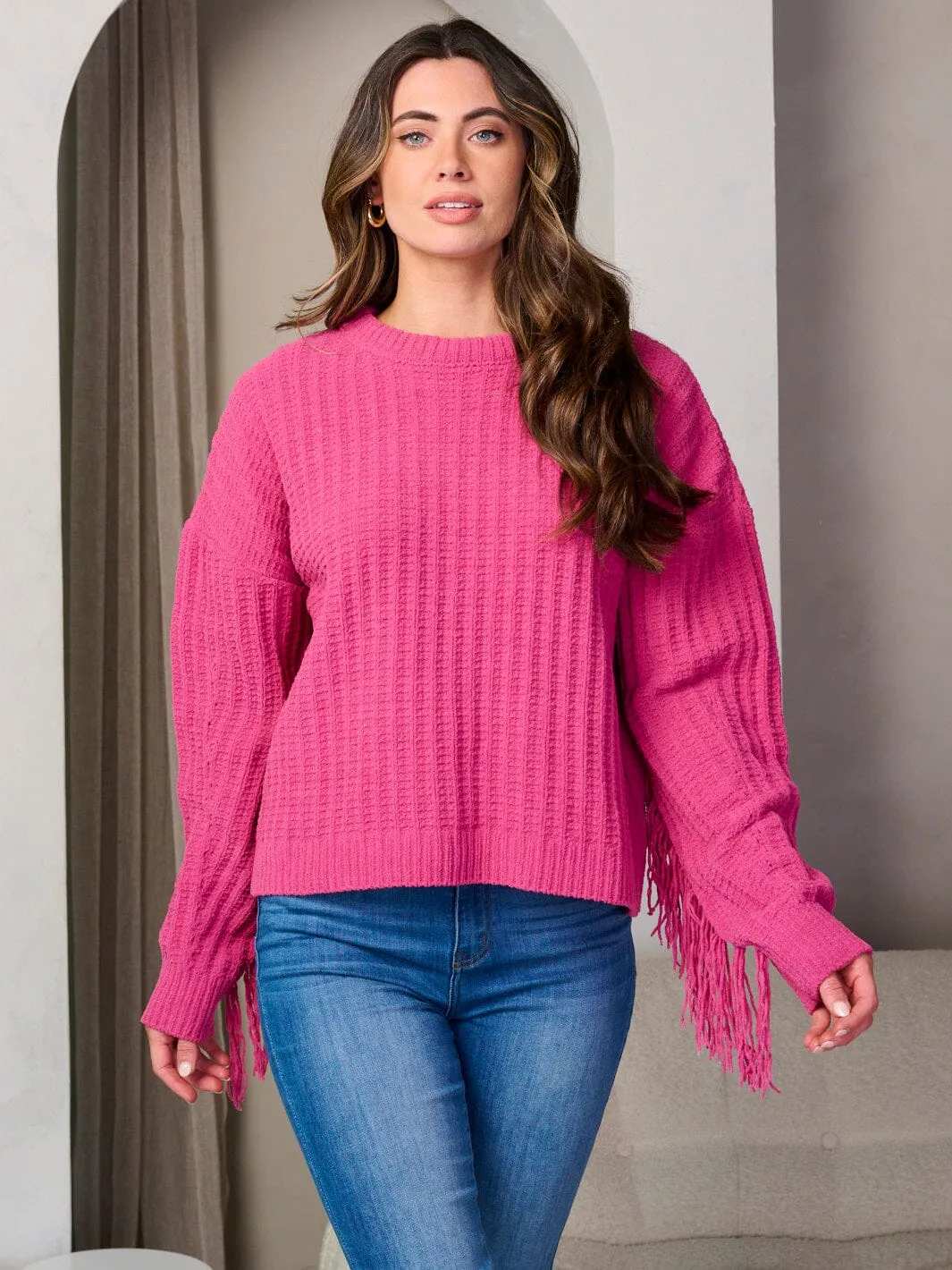 WOMEN'S LONG FRINGE SLEEVE PULLOVER SWEATER