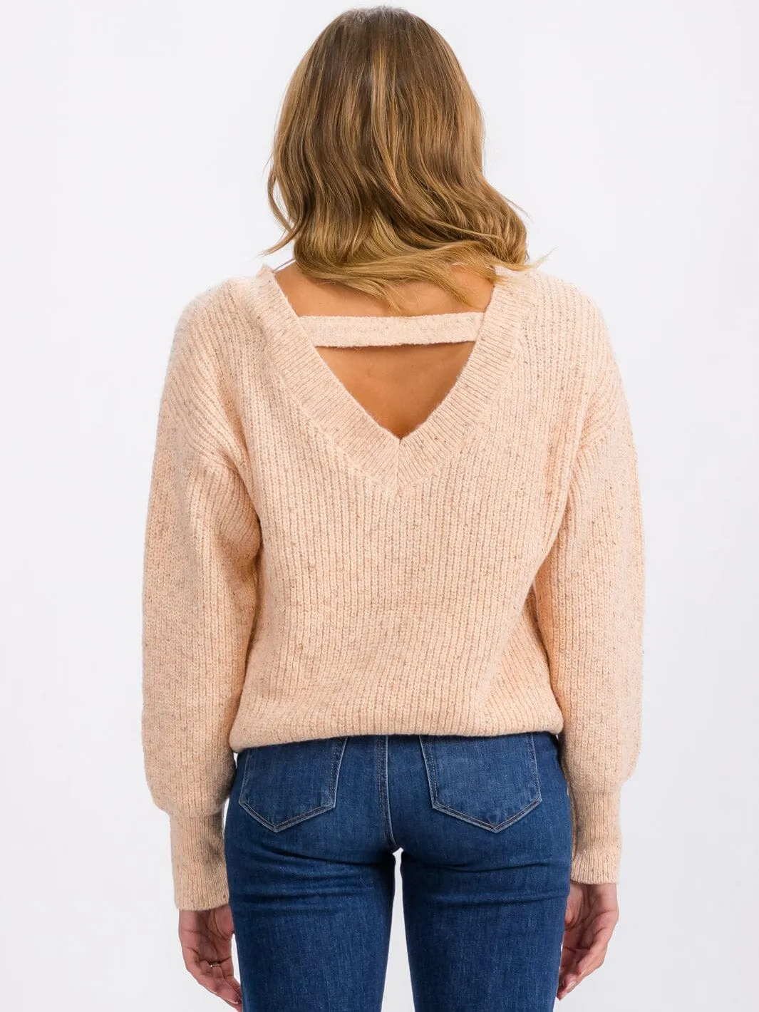 WOMEN'S LONG SLEEVE BACK DETAILED KNIT PULLOVER SWEATER