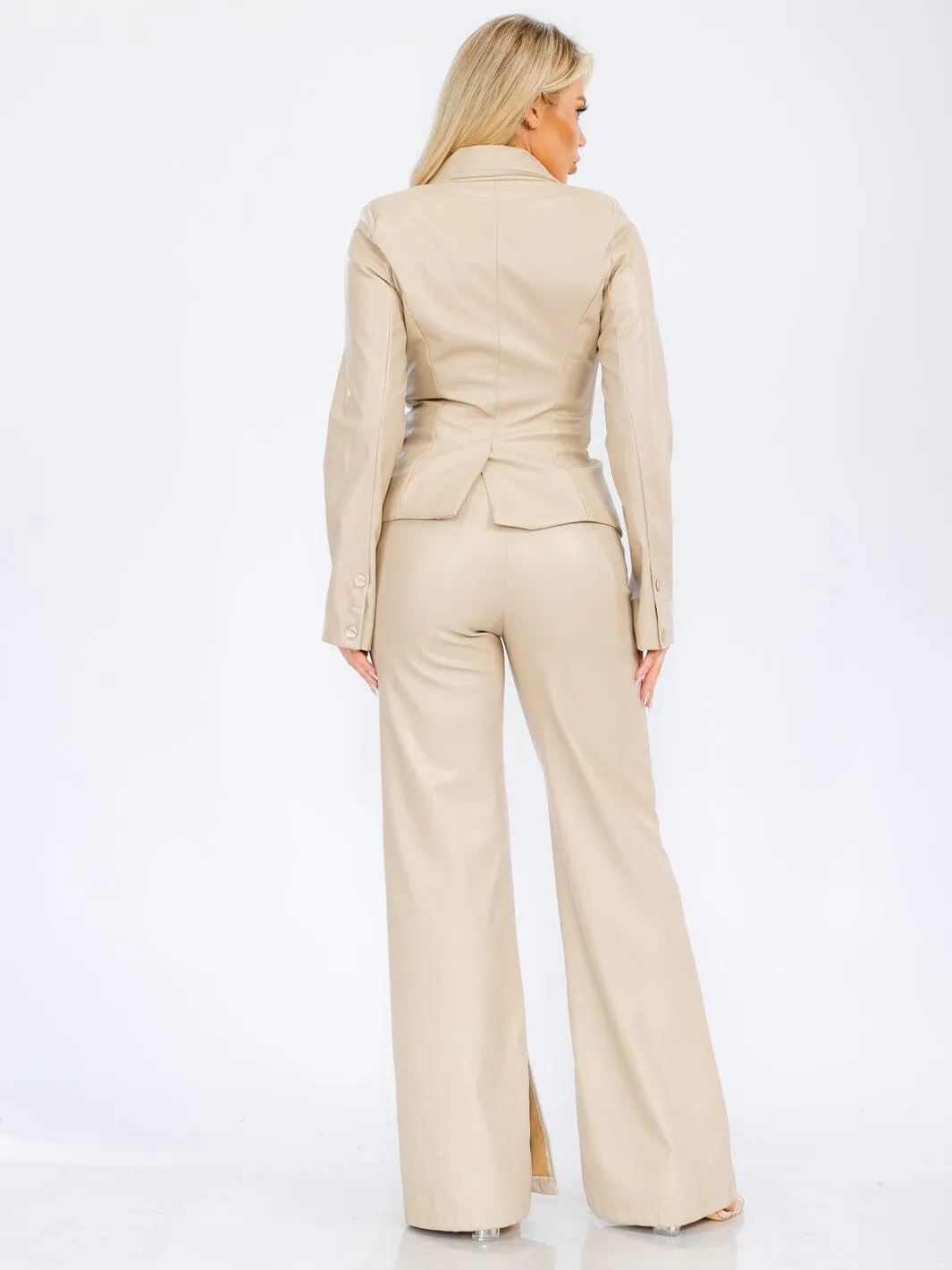 WOMEN'S LONG SLEEVE BLAZER & ZIP UP WIDE LEG PANTS PU PLEATHER 2PC SET