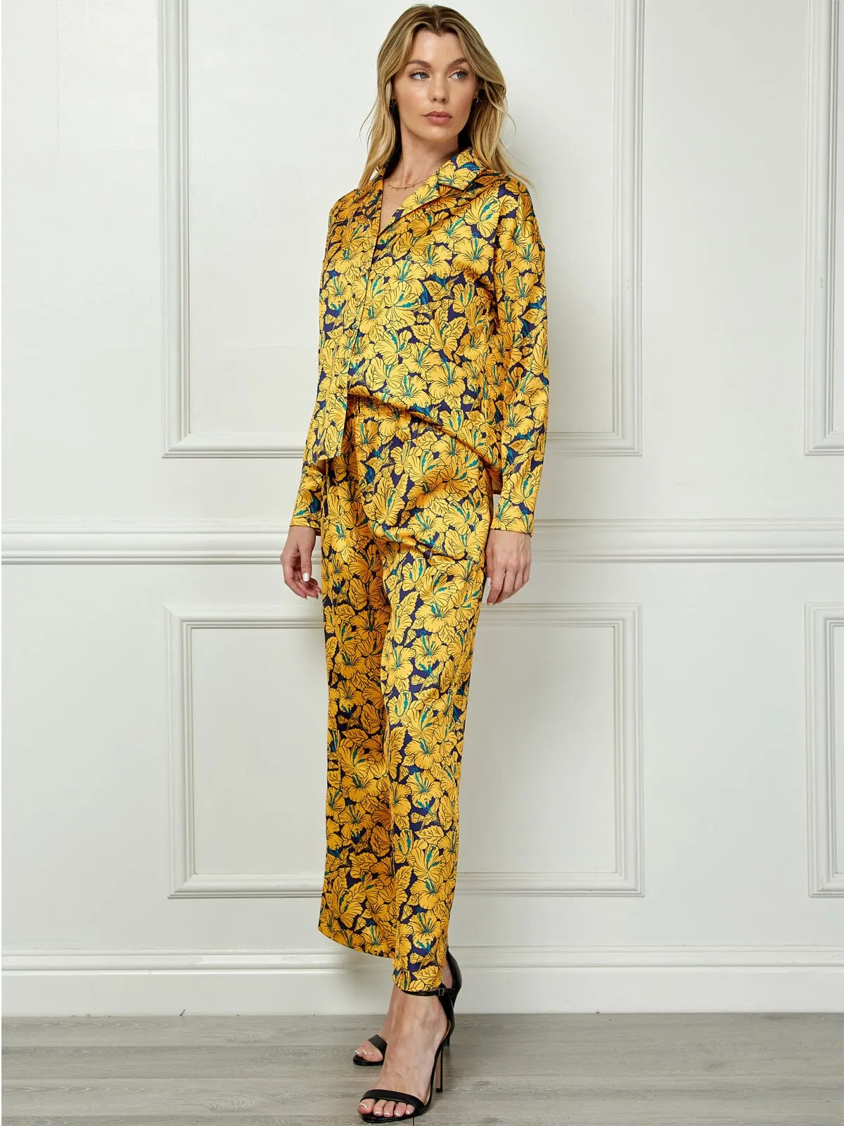 WOMEN'S LONG SLEEVE BLOUSE TOP & WIDE LEG PANTS FLORAL 2PC SET