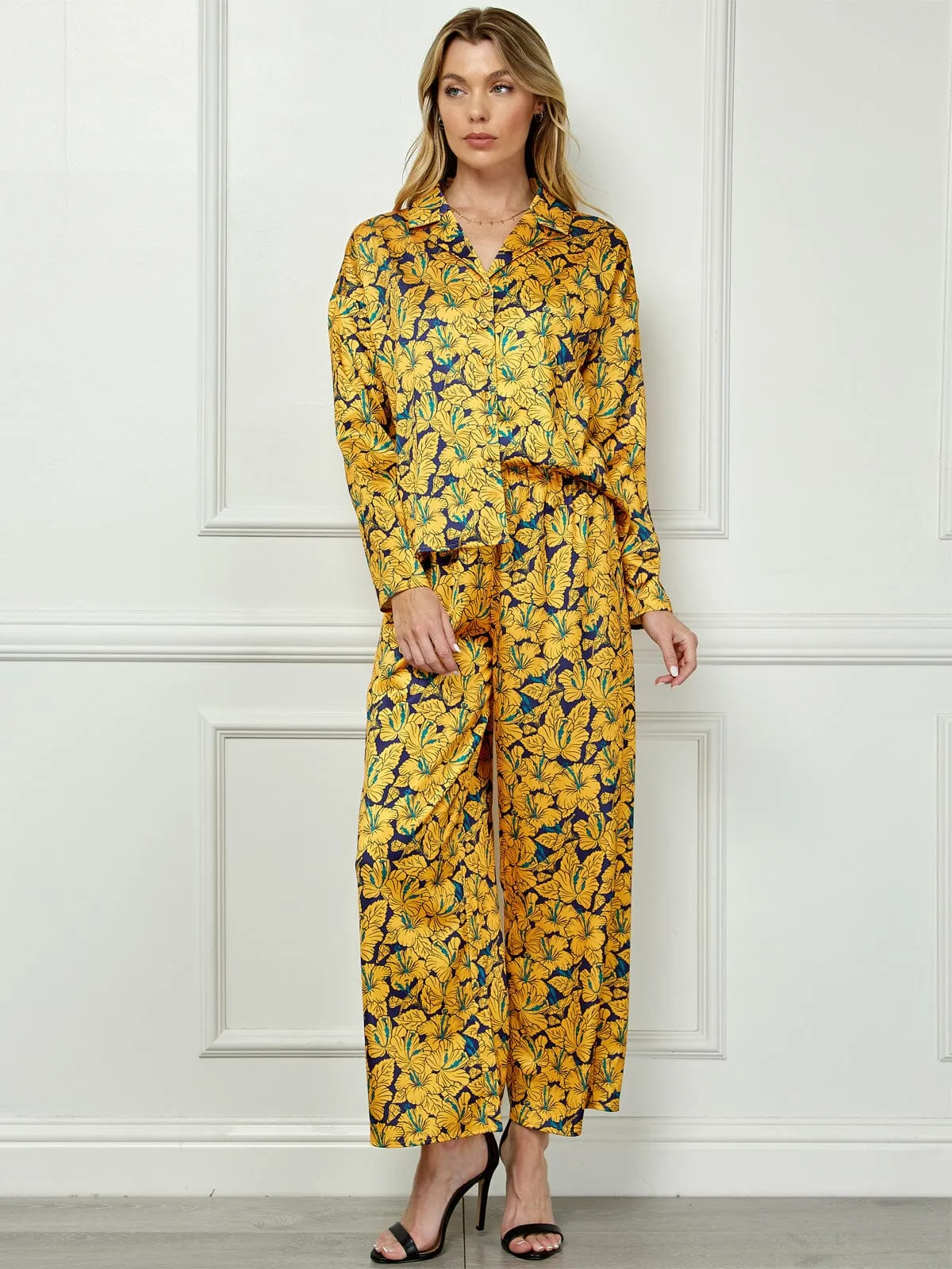 WOMEN'S LONG SLEEVE BLOUSE TOP & WIDE LEG PANTS FLORAL 2PC SET