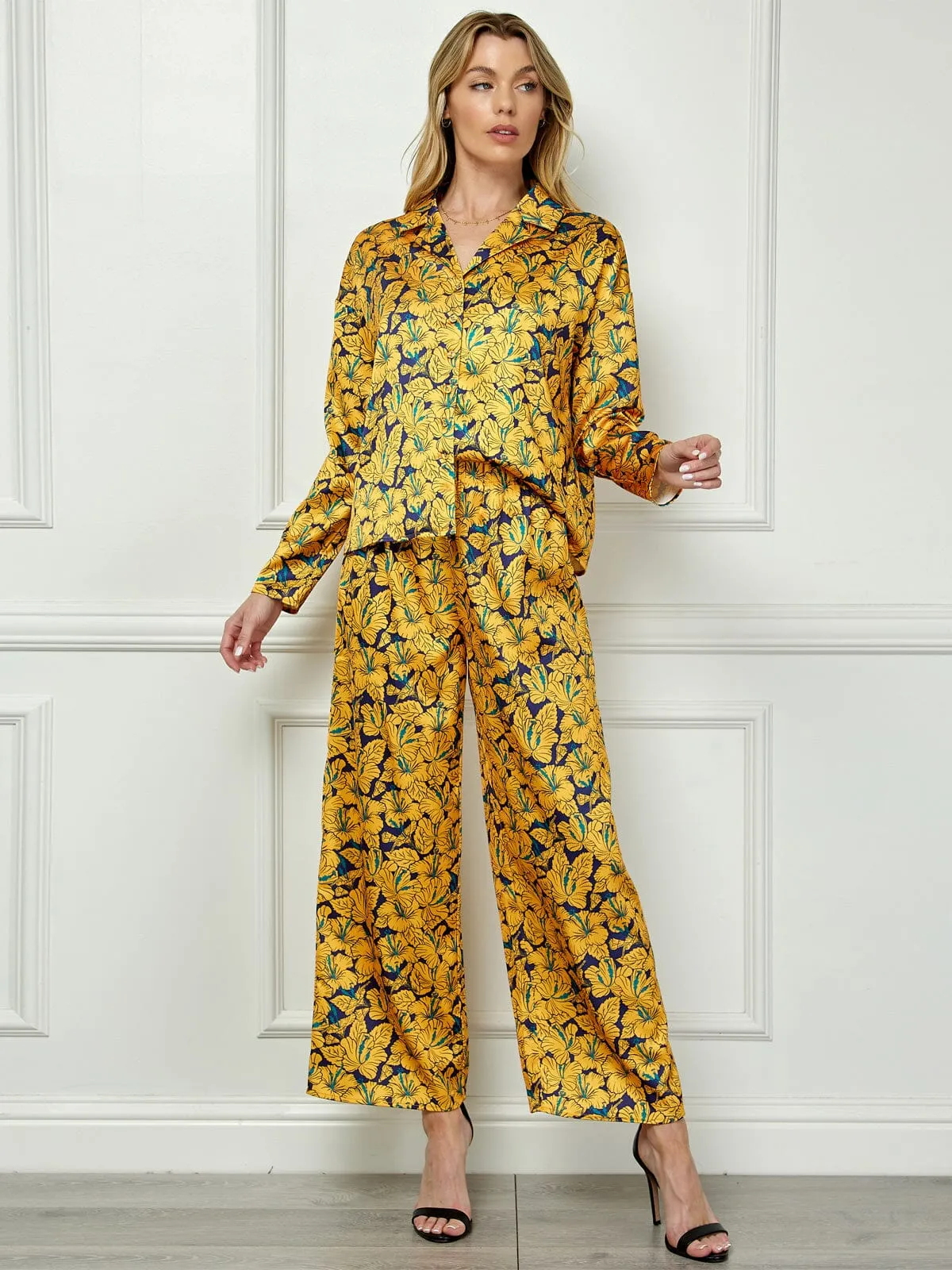 WOMEN'S LONG SLEEVE BLOUSE TOP & WIDE LEG PANTS FLORAL 2PC SET