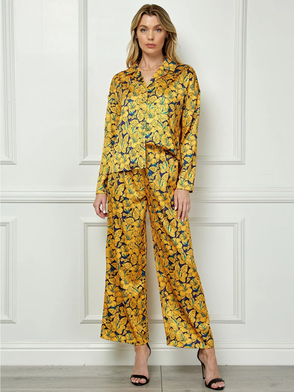WOMEN'S LONG SLEEVE BLOUSE TOP & WIDE LEG PANTS FLORAL 2PC SET