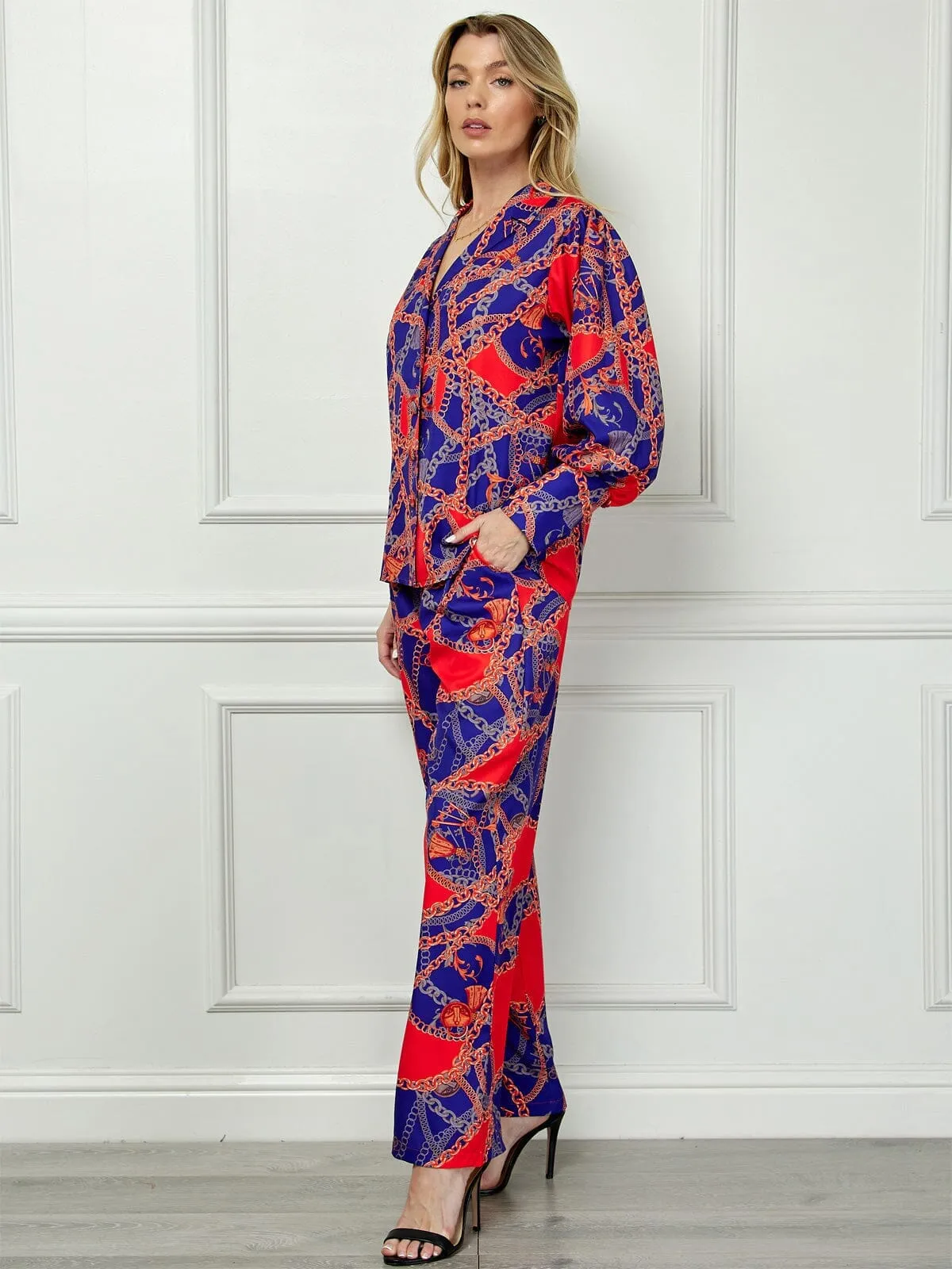 WOMEN'S LONG SLEEVE BLOUSE TOP & WIDE LEG PANTS MULTI PRINT 2PC SET