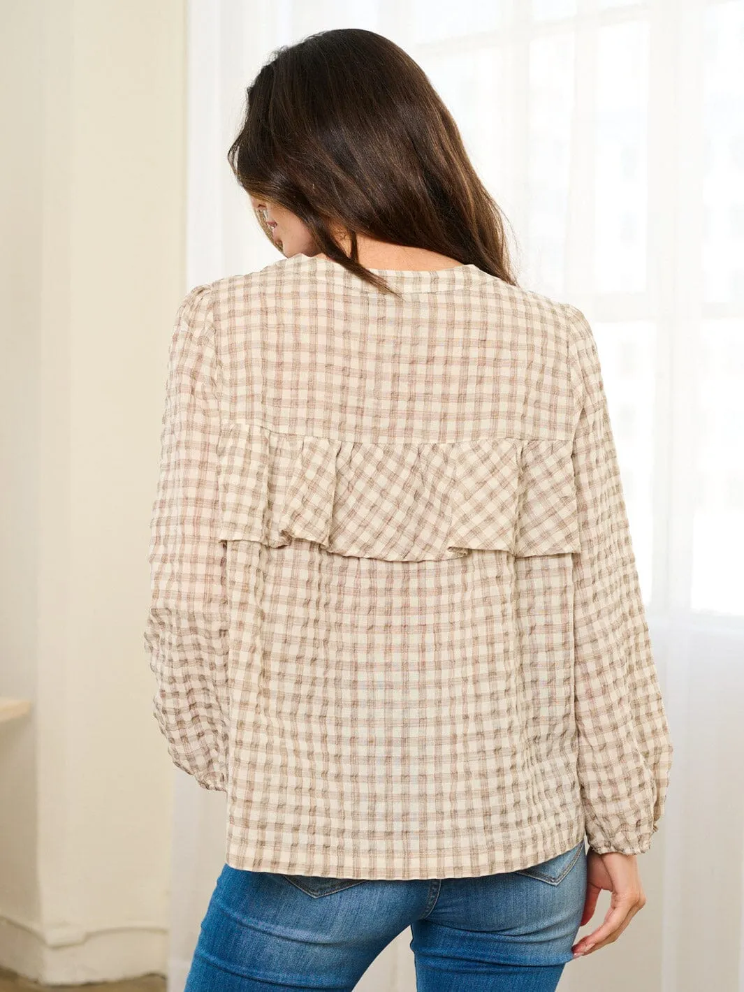 WOMEN'S LONG SLEEVE BUTTON CLOSURE RUFFLE PLAID BLOSUE TOP