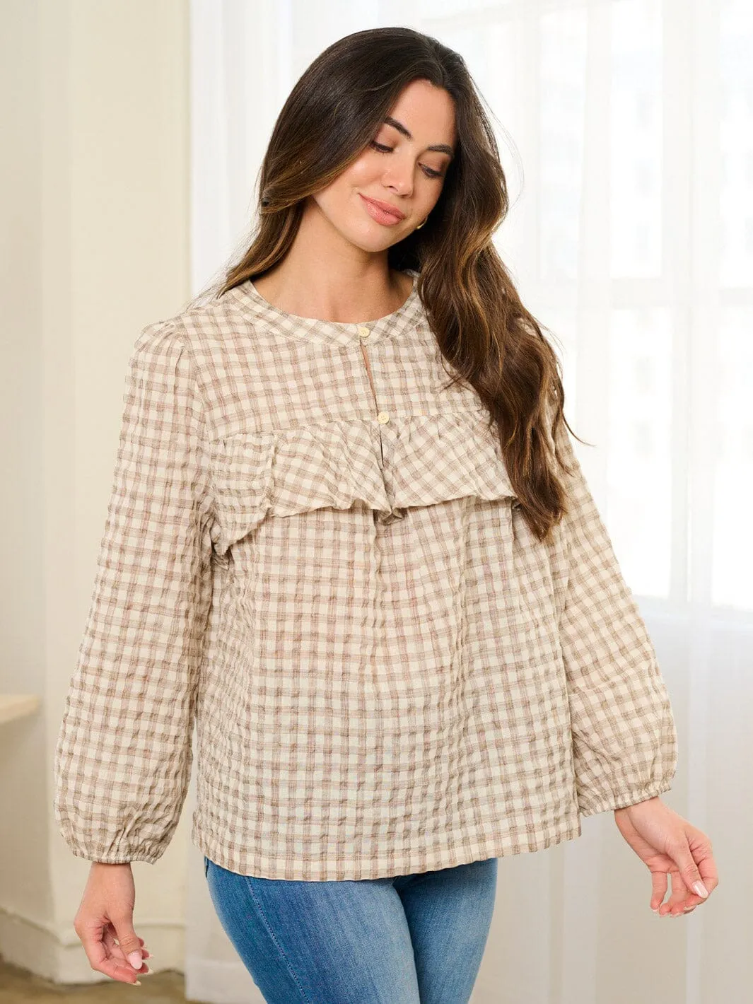 WOMEN'S LONG SLEEVE BUTTON CLOSURE RUFFLE PLAID BLOSUE TOP