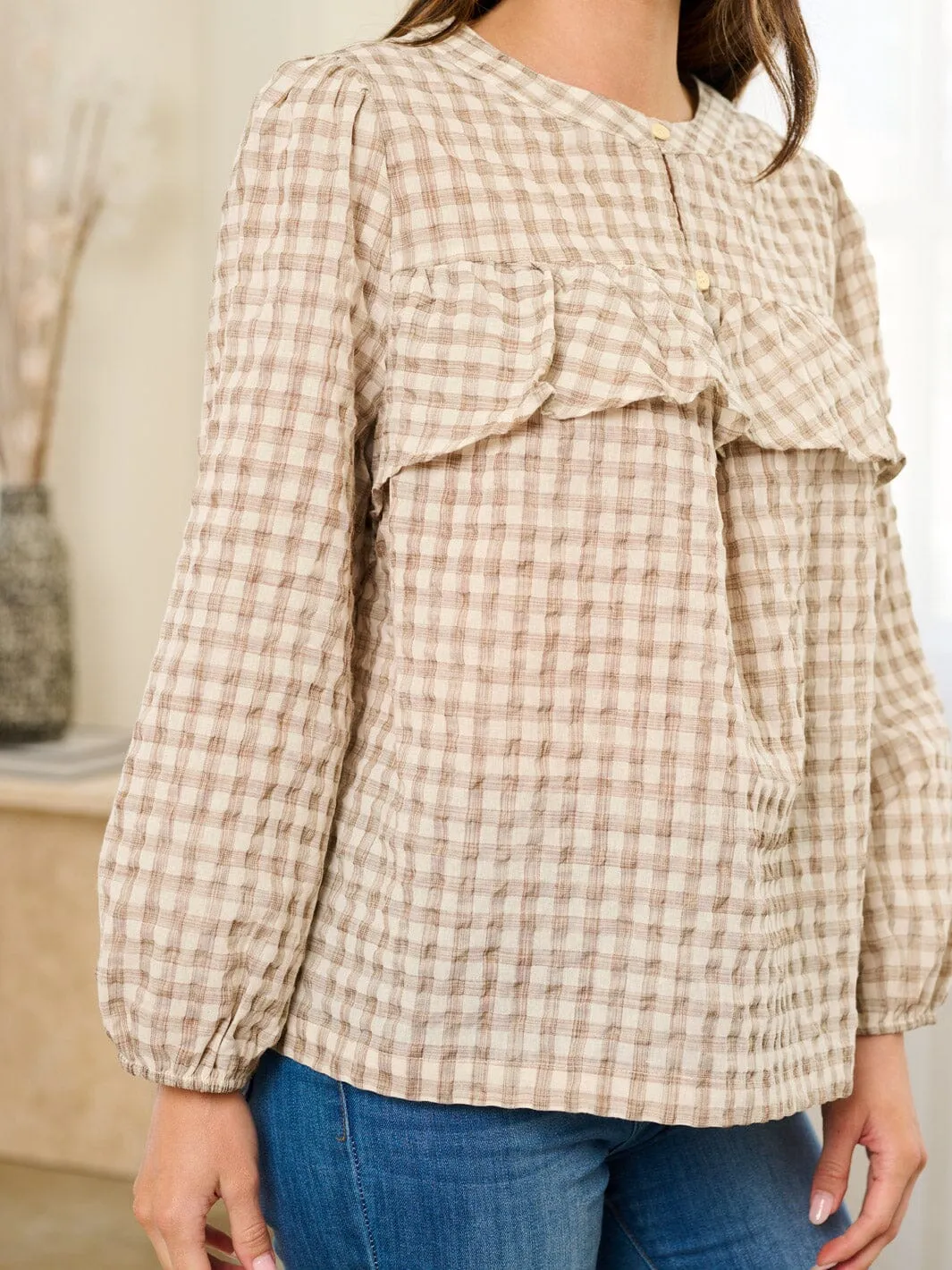 WOMEN'S LONG SLEEVE BUTTON CLOSURE RUFFLE PLAID BLOSUE TOP