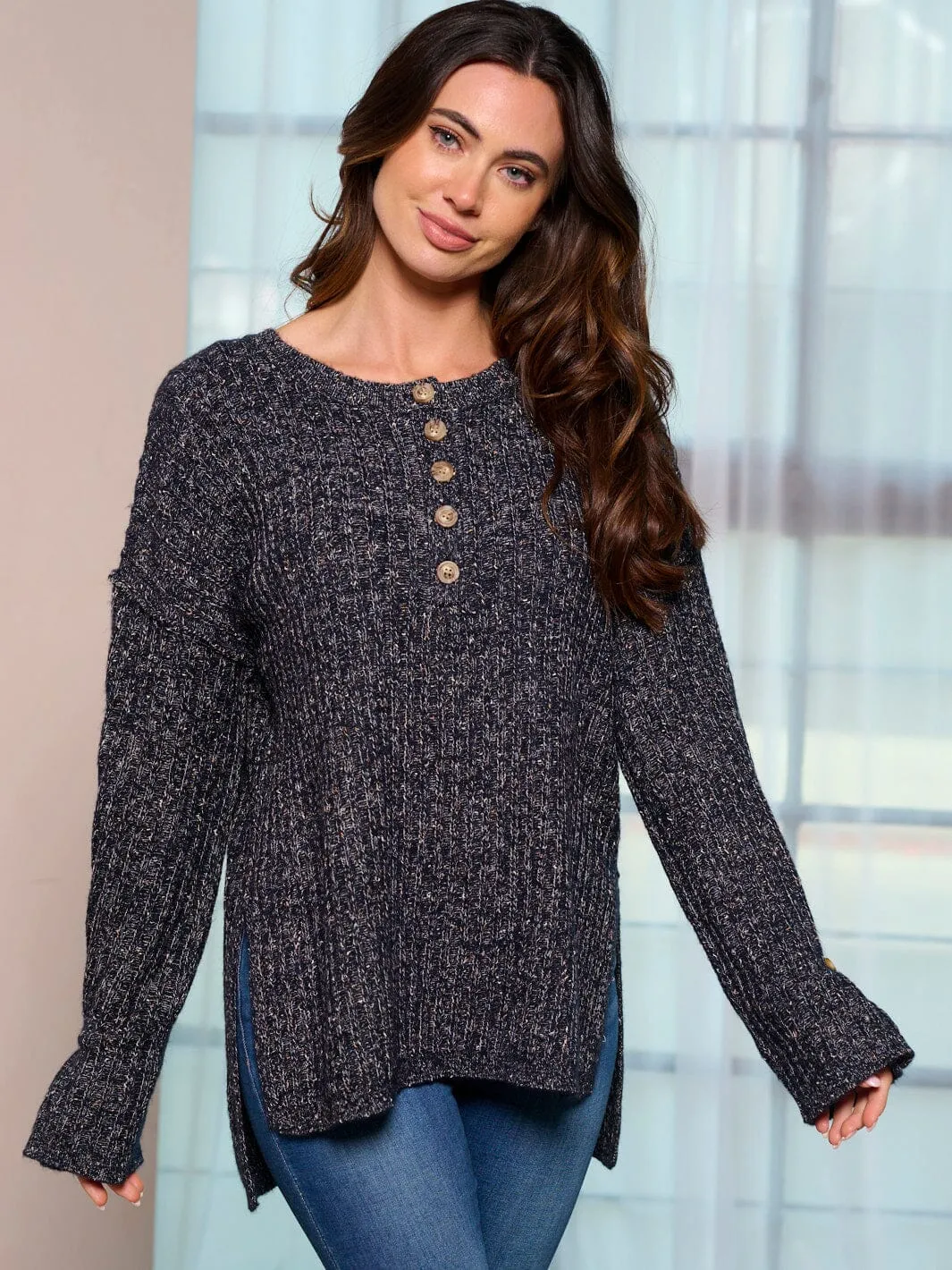 WOMEN'S LONG SLEEVE BUTTON UP KNIT PULLOVER SWEATER