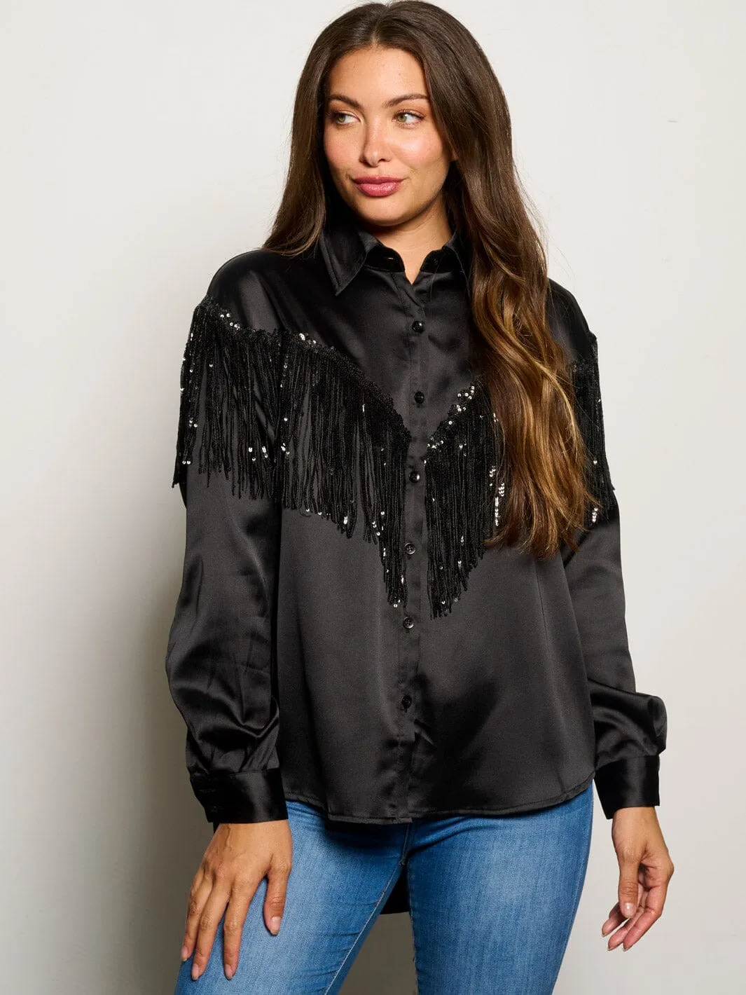 WOMEN'S LONG SLEEVE BUTTON UP SILK FRINGE BLOUSE TOP