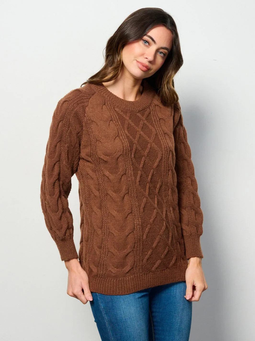 WOMEN'S LONG SLEEVE CABLE KNIT PULLOVER SWEATER