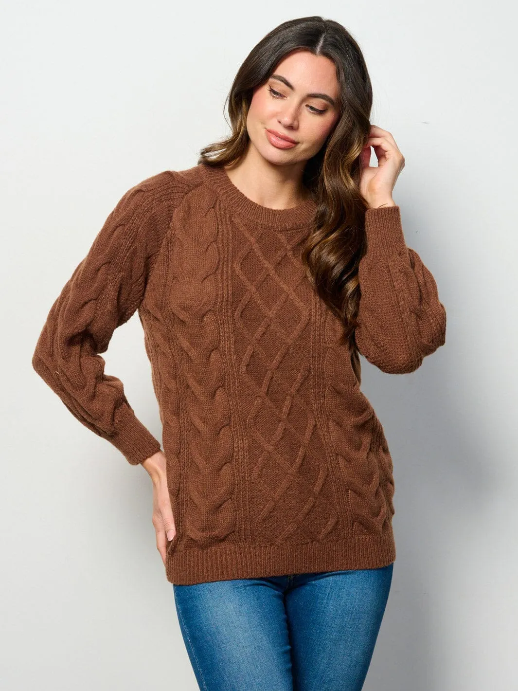 WOMEN'S LONG SLEEVE CABLE KNIT PULLOVER SWEATER