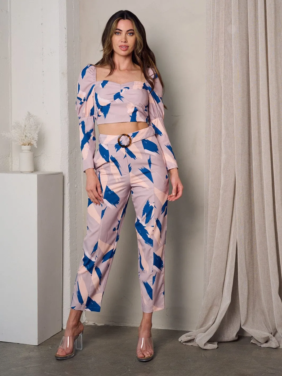 WOMEN'S LONG SLEEVE CROP TOP & PANTS MULTI PRINT SET
