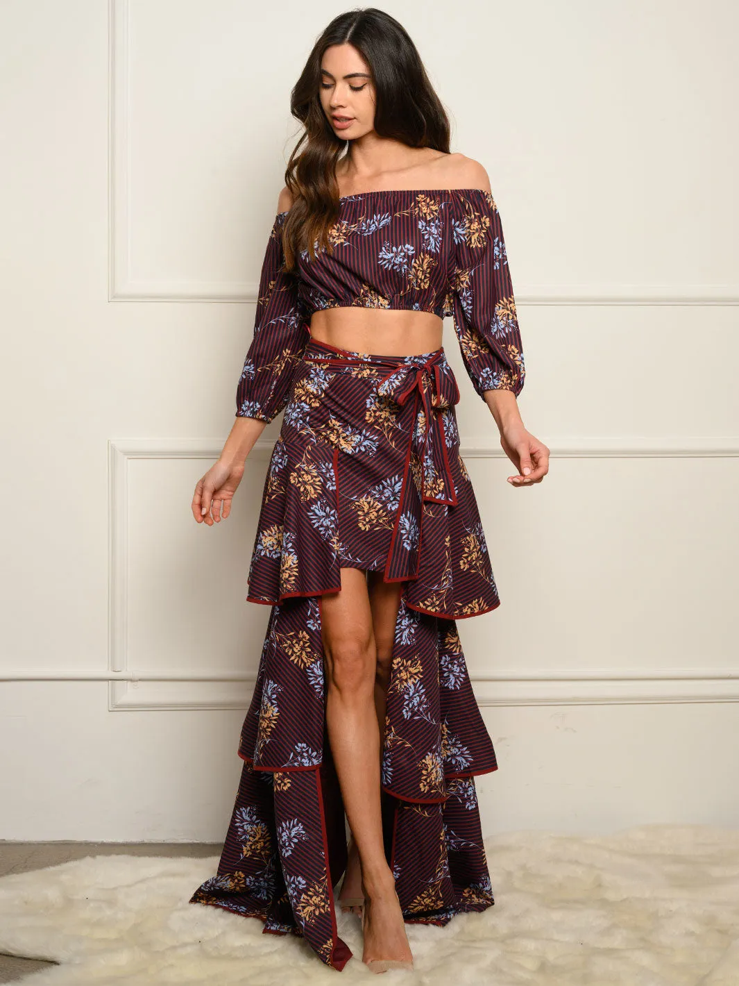 WOMEN'S LONG SLEEVE CROP TOP & TIERED RUFFLE MAXI SKIRT FLORAL 2PC. SET