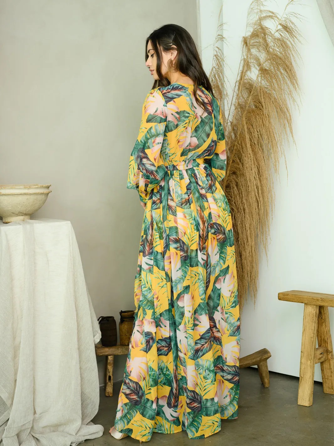 WOMEN'S LONG SLEEVE FLORAL SURPLICE MAXI DRESS