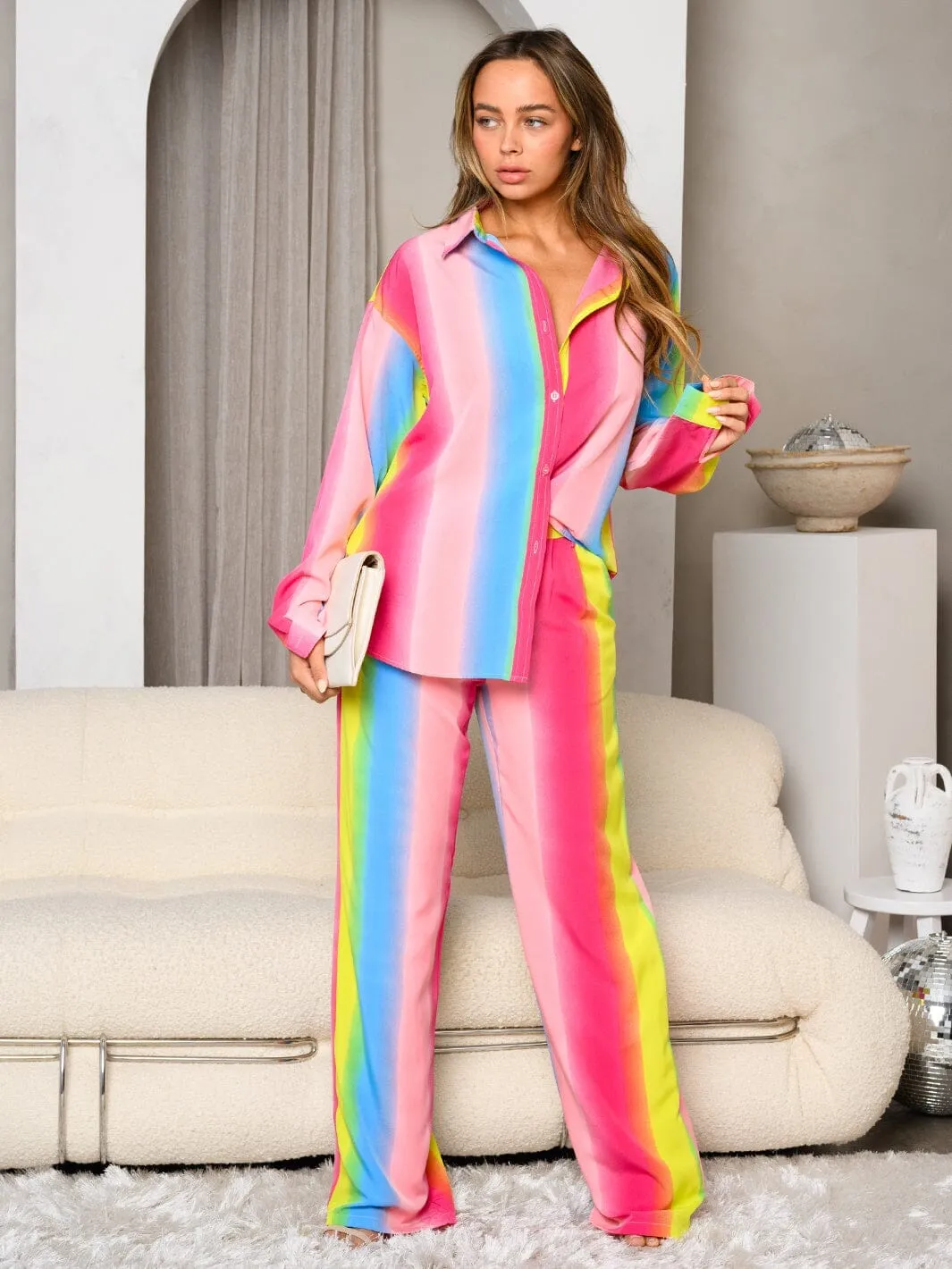 WOMEN'S LONG SLEEVE RAINBOW PRINT TOP