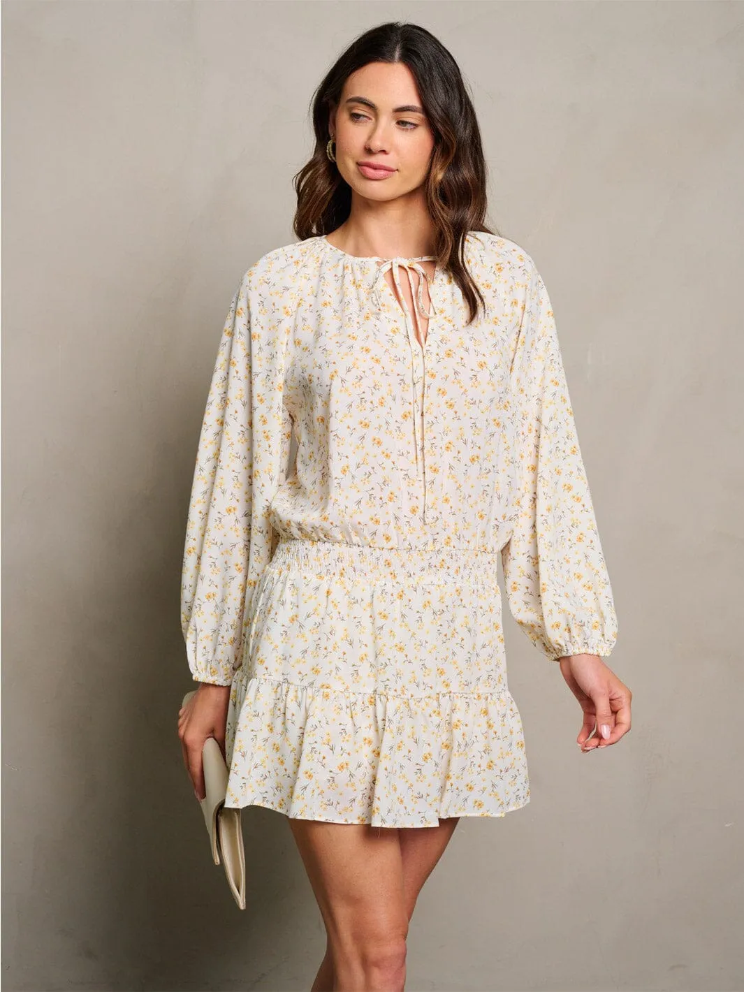 WOMEN'S LONG SLEEVE SMOCK WAIST FLORAL ROMPER