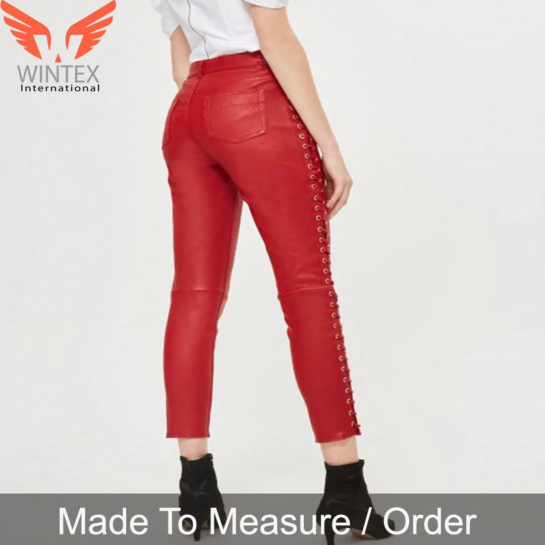 Women’s Real Leather Laces Up Slim Fit Pants – Sexy Side Laces Up Red Leather Pants